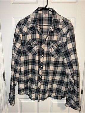 True Religion Men's Plaid Button-Up Shirt in White, Black & Blue